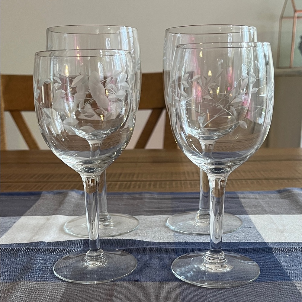 Floral Etched Wine Glasses Set of 4
